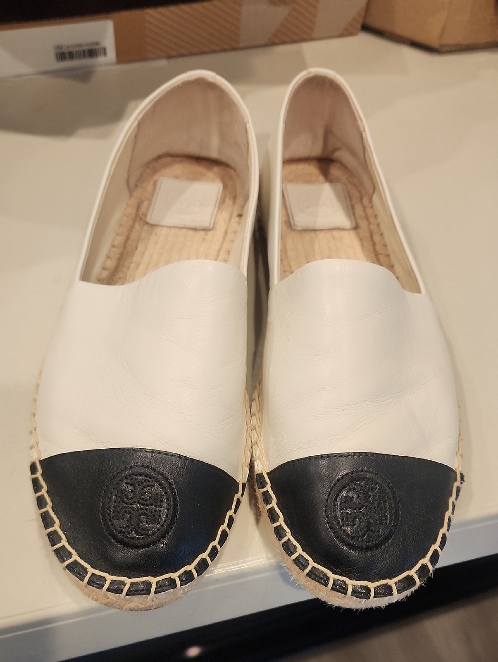 Tory Burch White/Cream Leather Espadrilles with Black Toe Cap